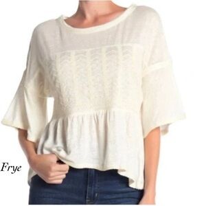 Frye Linen Embroidered Boho Peplum Top Natural Ivory Size L NWT